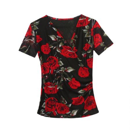 夏季皱褶交叉V领时尚短袖网纱印花时尚修身显瘦打底衫潮  服裝批發女裝批發服飾貨源