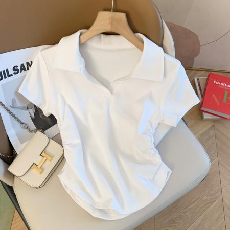 夏季韩版修身polo领简约显瘦设计感纯棉短袖女T恤上衣  服裝批發女裝批發服飾貨源