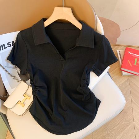 夏季韩版修身polo领简约显瘦设计感纯棉短袖女T恤上衣  服裝批發女裝批發服飾貨源