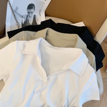 夏季韩版修身polo领简约显瘦设计感纯棉短袖女T恤上衣  服裝批發女裝批發服飾貨源
