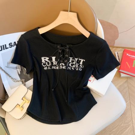 设计感小众印花交叉绑带修身显瘦短款辣妹短袖T恤女上衣  服裝批發女裝批發服飾貨源
