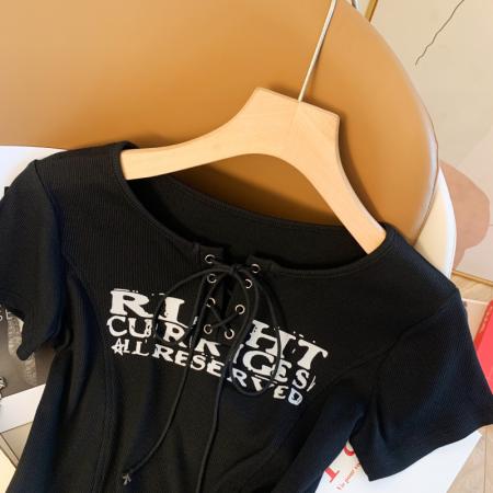 设计感小众印花交叉绑带修身显瘦短款辣妹短袖T恤女上衣  服裝批發女裝批發服飾貨源