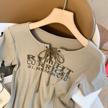 设计感小众印花交叉绑带修身显瘦短款辣妹短袖T恤女上衣  服裝批發女裝批發服飾貨源