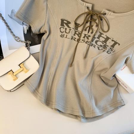 设计感小众印花交叉绑带修身显瘦短款辣妹短袖T恤女上衣  服裝批發女裝批發服飾貨源