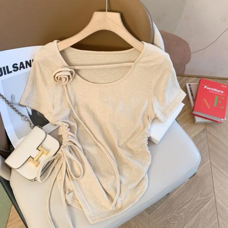纯欲法式设计感短款T恤女立体玫瑰花抽绳收腰短袖上衣  服裝批發女裝批發服飾貨源
