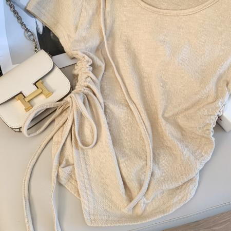 BY11585# 纯欲法式设计感短款T恤女立体玫瑰花抽绳收腰短袖上衣  服裝批發女裝批發服飾貨源