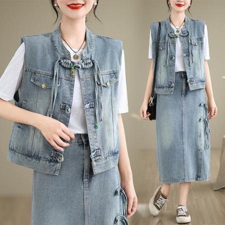 新中式国风盘扣牛仔套装女新款休闲戴帽马甲半身裙两件套  服裝批發女裝批發服飾貨源