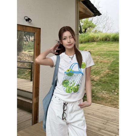 国潮美式复古正肩苹果印花休闲短袖T恤女夏季圆领百搭显瘦上衣  服裝批發女裝批發服飾貨源