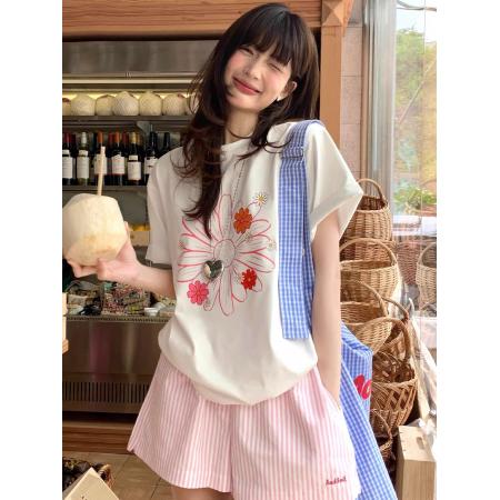 韩系甜美风小雏菊短袖T恤女装夏季百搭休闲温柔风纯棉上衣潮  服裝批發女裝批發服飾貨源