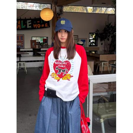 小众马年限定涂鸦爱心印花插肩撞色慵懒宽松纯棉长袖T恤女  服裝批發女裝批發服飾貨源