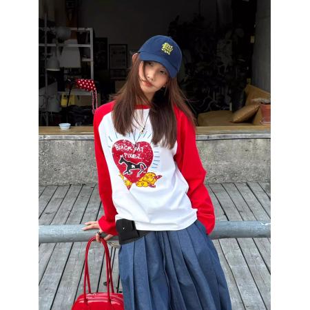 BY11591# 小众马年限定涂鸦爱心印花插肩撞色慵懒宽松纯棉长袖T恤女  服裝批發女裝批發服飾貨源