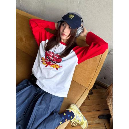 BY11591# 小众马年限定涂鸦爱心印花插肩撞色慵懒宽松纯棉长袖T恤女  服裝批發女裝批發服飾貨源