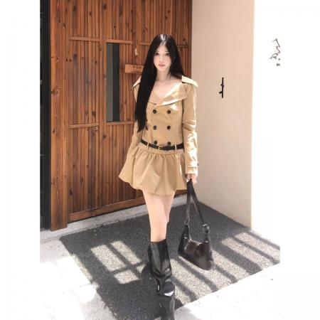 法式气质长袖风衣连衣裙子女巨好看小个子花苞短裙  服裝批發女裝批發服飾貨源