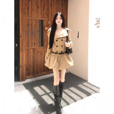 法式气质长袖风衣连衣裙子女巨好看小个子花苞短裙  服裝批發女裝批發服飾貨源