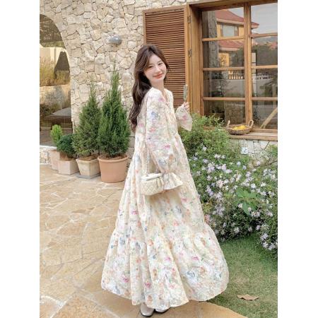 超仙温柔风浪漫法式别致多巴胺碎花长裙新款气质大摆型连衣裙女春  服裝批發女裝批發服飾貨源