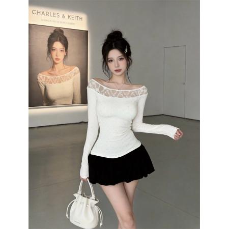 春上新纯欲蕾丝拼接一字肩烫钻长袖上衣+花苞裙套装女  服裝批發女裝批發服飾貨源