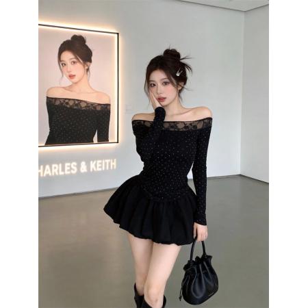 BY11595# 春上新纯欲蕾丝拼接一字肩烫钻长袖上衣+花苞裙套装女  服裝批發女裝批發服飾貨源