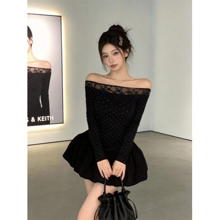 BY11595# 春上新纯欲蕾丝拼接一字肩烫钻长袖上衣+花苞裙套装女  服裝批發女裝批發服飾貨源