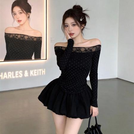 BY11595# 春上新纯欲蕾丝拼接一字肩烫钻长袖上衣+花苞裙套装女  服裝批發女裝批發服飾貨源