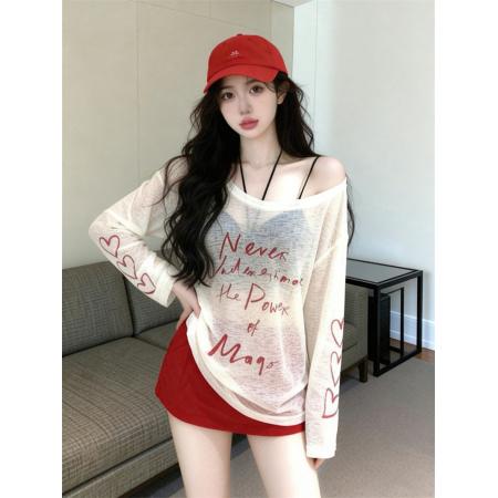 BY11596# 减龄设计长袖防晒衫女新款夏季印花t恤宽松露肩斜肩上衣女  服裝批發女裝批發服飾貨源