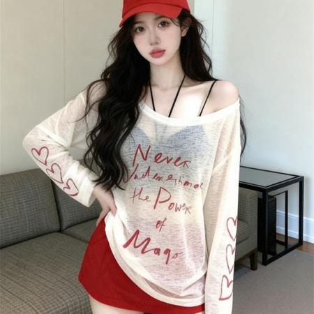 BY11596# 减龄设计长袖防晒衫女新款夏季印花t恤宽松露肩斜肩上衣女  服裝批發女裝批發服飾貨源