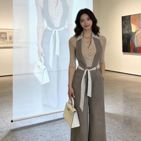 BY11597# 春上新高知感御姐老钱风针织上衣+连体裤+腰带套装女  服裝批發女裝批發服飾貨源