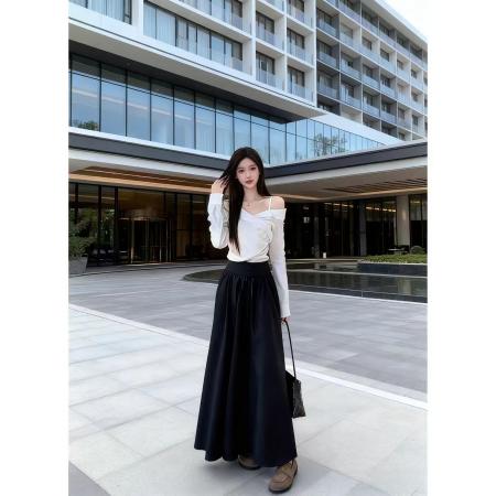 韩系气质修身显瘦露肩吊带长袖白衬衣+高腰显瘦大摆半身裙两件套  服裝批發女裝批發服飾貨源