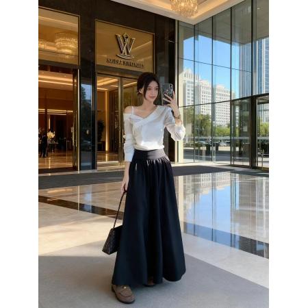 BY11599# 韩系气质修身显瘦露肩吊带长袖白衬衣+高腰显瘦大摆半身裙两件套  服裝批發女裝批發服飾貨源