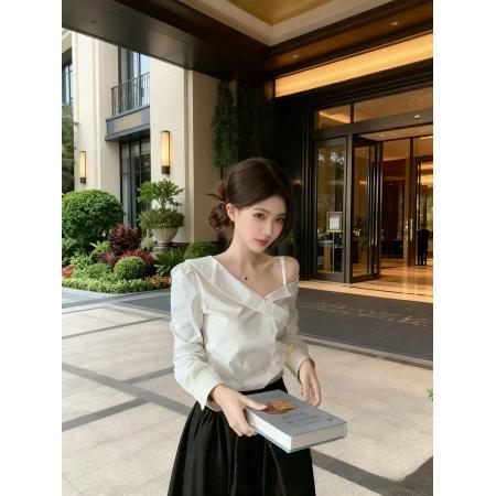 BY11599# 韩系气质修身显瘦露肩吊带长袖白衬衣+高腰显瘦大摆半身裙两件套  服裝批發女裝批發服飾貨源