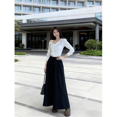 BY11599# 韩系气质修身显瘦露肩吊带长袖白衬衣+高腰显瘦大摆半身裙两件套  服裝批發女裝批發服飾貨源