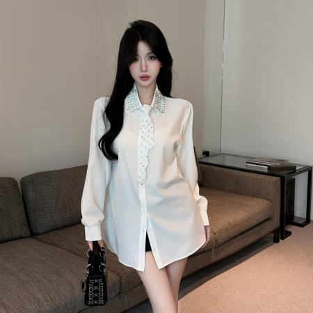 时尚重工订钻缎面领带衬衫气质高级感宽松长袖上衣  服裝批發女裝批發服飾貨源