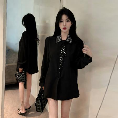 BY11600# 时尚重工订钻缎面领带衬衫气质高级感宽松长袖上衣  服裝批發女裝批發服飾貨源