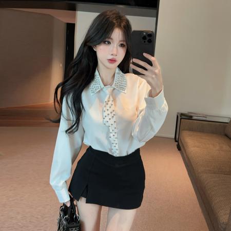 BY11600# 时尚重工订钻缎面领带衬衫气质高级感宽松长袖上衣  服裝批發女裝批發服飾貨源