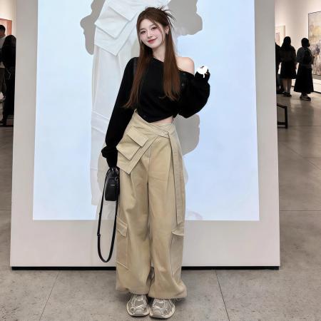 淡人高知穿搭一整套超火减龄早春黑色斜肩上衣女裤子套装夏季  服裝批發女裝批發服飾貨源