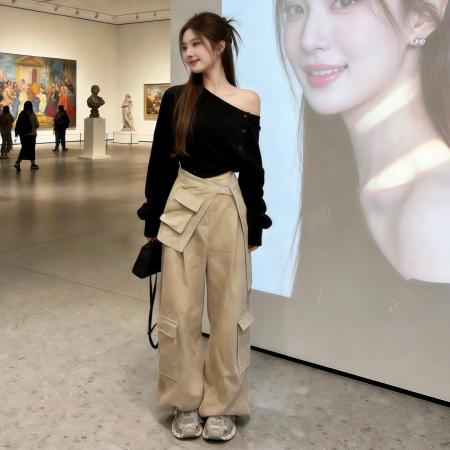 BY11603# 淡人高知穿搭一整套超火减龄早春黑色斜肩上衣女裤子套装夏季  服裝批發女裝批發服飾貨源