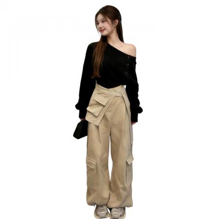 BY11603# 淡人高知穿搭一整套超火减龄早春黑色斜肩上衣女裤子套装夏季  服裝批發女裝批發服飾貨源