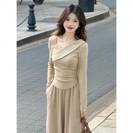 BY11604# 韩系巨好看穿搭一整套早春新款长袖露肩t恤女阔腿裤两件套装  服裝批發女裝批發服飾貨源