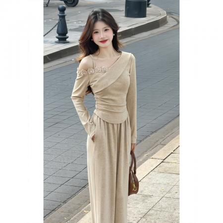 BY11604# 韩系巨好看穿搭一整套早春新款长袖露肩t恤女阔腿裤两件套装  服裝批發女裝批發服飾貨源