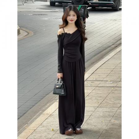 BY11604# 韩系巨好看穿搭一整套早春新款长袖露肩t恤女阔腿裤两件套装  服裝批發女裝批發服飾貨源