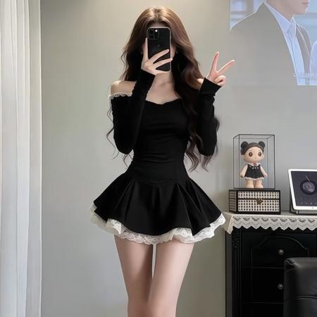 法式高级感黑色一字肩连衣裙女早春季新款蕾丝收腰裙性感纯欲  服裝批發女裝批發服飾貨源