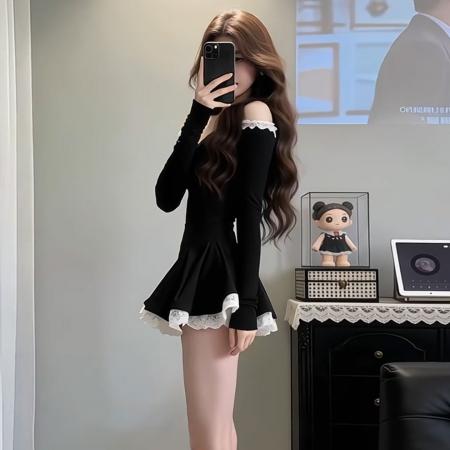 法式高级感黑色一字肩连衣裙女早春季新款蕾丝收腰裙性感纯欲  服裝批發女裝批發服飾貨源