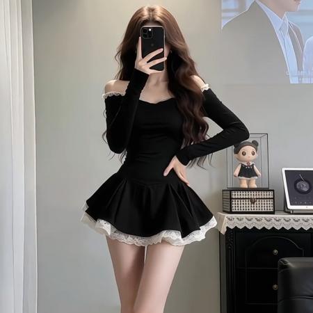 法式高级感黑色一字肩连衣裙女早春季新款蕾丝收腰裙性感纯欲  服裝批發女裝批發服飾貨源