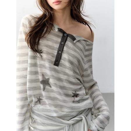 原创慵懒感星星印花条纹翻领露肩微透宽松t恤罩衫女  服裝批發女裝批發服飾貨源