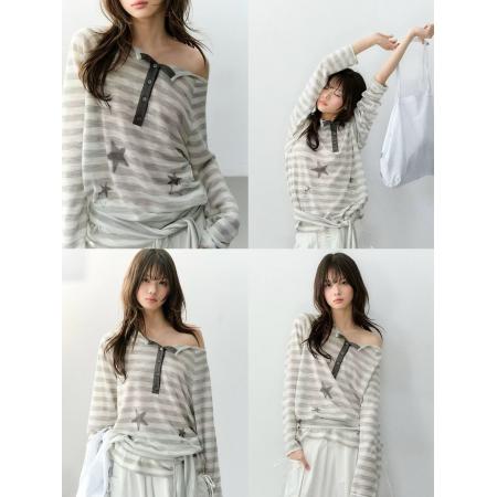 BY11609# 原创慵懒感星星印花条纹翻领露肩微透宽松t恤罩衫女  服裝批發女裝批發服飾貨源