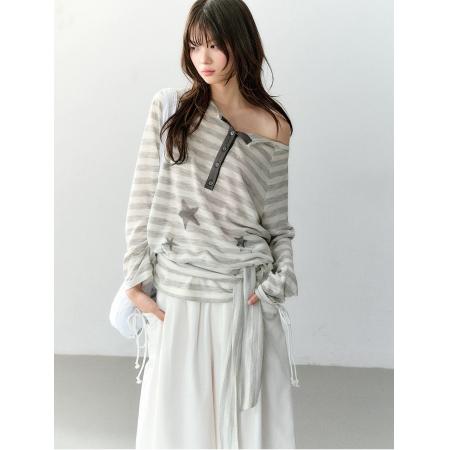 BY11609# 原创慵懒感星星印花条纹翻领露肩微透宽松t恤罩衫女  服裝批發女裝批發服飾貨源