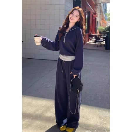 春秋季新款休闲三件套海军外套T恤运动筒裤套装长裤多巴胺  服裝批發女裝批發服飾貨源