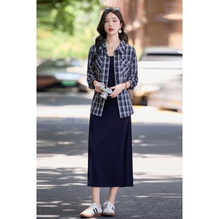 韩系衬衫吊带穿搭休闲套装裙女春秋爆款气质显瘦时尚两件套潮  服裝批發女裝批發服飾貨源