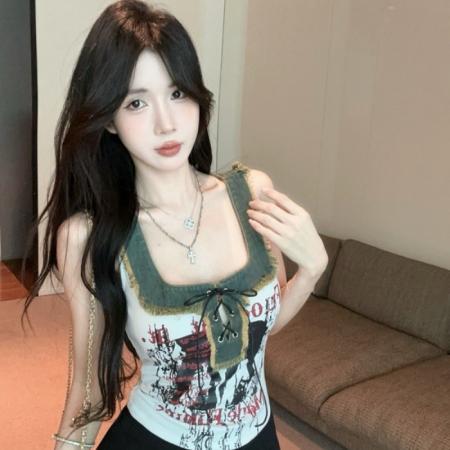 新款美式复古绑带U字领洋气印花字母辣妹牛仔拼接背心女  服裝批發女裝批發服飾貨源