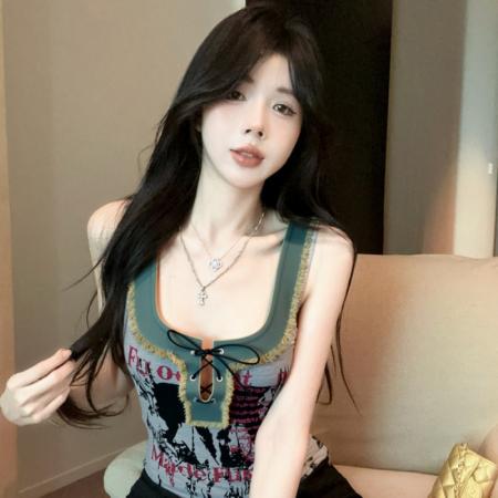 BY11615# 新款美式复古绑带U字领洋气印花字母辣妹牛仔拼接背心女  服裝批發女裝批發服飾貨源