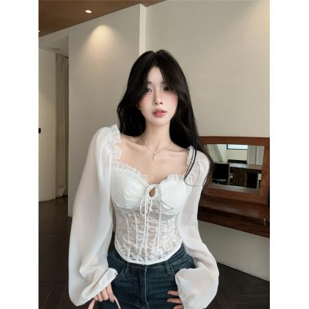 BY11616# 高级感白色露肩长袖雪纺衬衫春季甜辣修身短款蕾丝上衣  服裝批發女裝批發服飾貨源